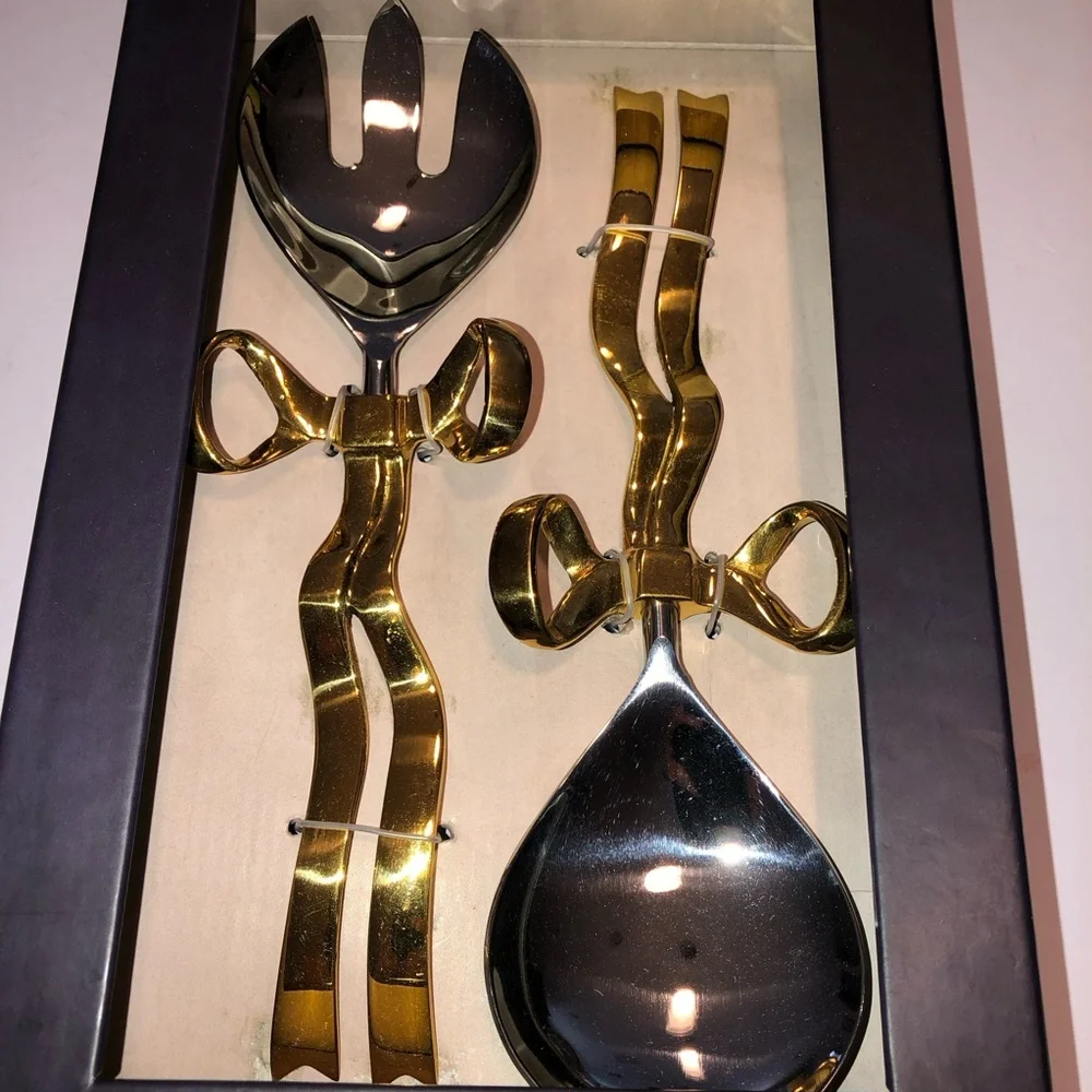 New Anthropologie Home Decor Benedita Stainless Steel Gold Bow Serve Set